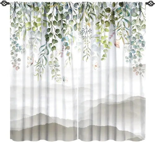 Vista 13 de Cortinas de cocina con hojas de acuarela, diseño de girasol, floral, plantas campestres, primavera, naturaleza, arte, impreso, tela para el hogar