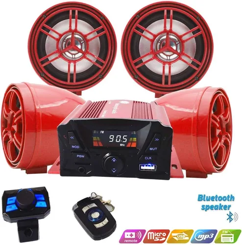 Vista 4 de XYC UTV, ATV, motor Bluetooth antirrobo, control remoto de 3 pulgadas, impermeable, altavoz inalámbrico Bluetooth de 7/8-1 pulgadas, montaje en Rojo