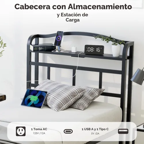 Vista 3 de YORMDMO Base de cama individual – Base de cama de metal resistente con estación de carga de cabecero de almacenamiento, fácil montaje, no necesita