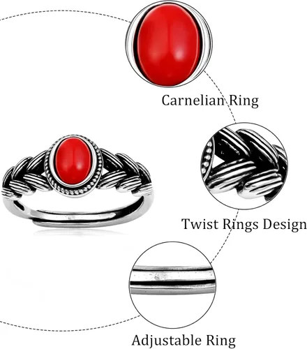 Vista 6 de Silver Red Carnelian Oval Ring Vintage Red Stone Adjustable Rings for Women Boho Jewelry