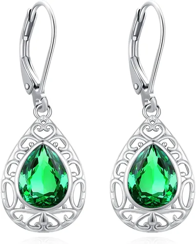 Vista 123 de Aretes colgantes de plata de ley con diseño de árbol de la vida, flor, abeja, animales, gato, colibrí, piedra lunar, turquesa, aretes con cierre