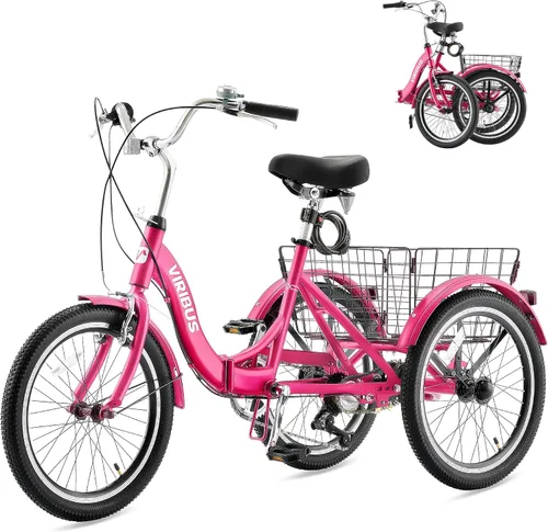 Vista 11 de VIRIBUS Triciclo plegable para adultos, triciclo plegable de 20 pulgadas para adultos de 1 o 7 velocidades con cesta, bicicletas plegables de 3