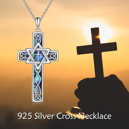 Vista 6 de CRMAD Collares de cruz para mujer de plata de ley para mamáhermanapiedra lunarceltacladdagh collares regalos para mamá mujer