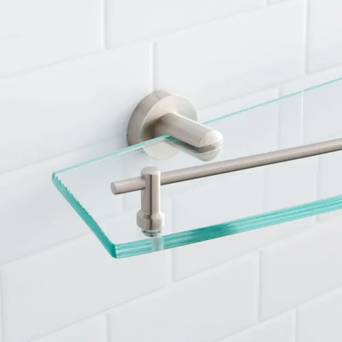 Vista 2 de Signature Hardware 296443 Ceeley - Estante de baño de cristal de 24 pulgadas, níquel cepillado cepillado níquel
