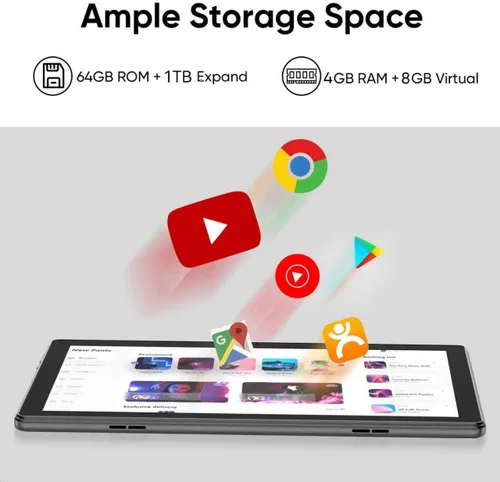 Vista 5 de Tableta 10 pulgadas Android 15 Tablets, 12GB RAM 64GB ROM 1TB Expand, procesador Quad-Core, pantalla táctil LCD 1280x800, WiFi 5, cámara dual Negro