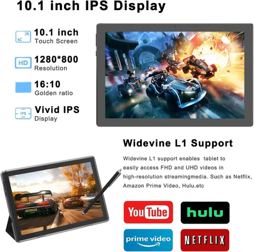 Vista 4 de HOTTABLET 10" Tableta Android 15 de 12 (4+8Expand) GB RAM+64GB ROM, cámara dual de 2+8MP, batería de 6000mAh (Tableta+estuche+lápiz capacitivo)