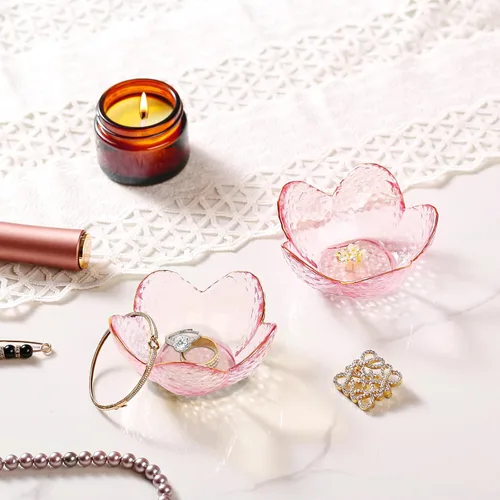Vista 3 de Regalos para mujeres, plato para baratijas con flores, plato para joyería de vidrio rosa, soporte para anillos, bandeja de joyería, decoración