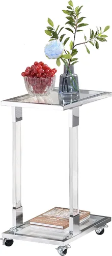 Vista 10 de Mesa auxiliar dorada para sofá con forma de C, mesa de centro de acrílico móvil con ruedas pequeñas de cristal con estantes de 2 niveles