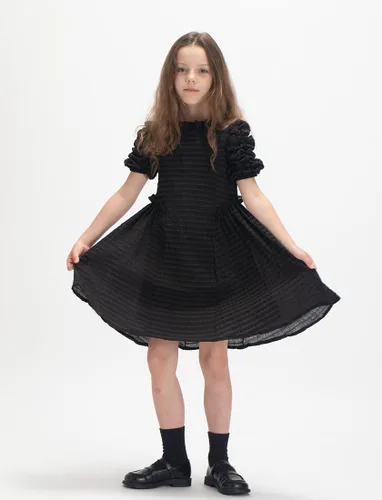 Vista 4 de WELAKEN Vestido de verano con volantes y mangas abullonadas para niña, vestido casual con forro para niños pequeños, niñas y niñas pequeñas