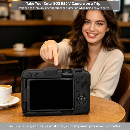 Vista 6 de Funda para cámara de cuerpo Canon EOS R50 V, piel, arañazos, funda protectora de goma de silicona suave con protector de pantalla, accesorios