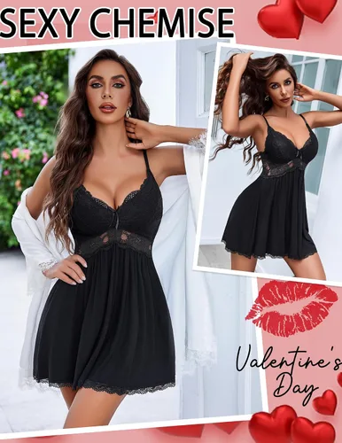 Vista 3 de Avidlove Camisón de noche de encaje modal para mujer, ropa de dormir con cuello en V y lencería sexy