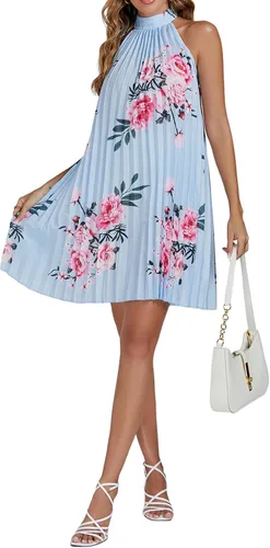Vista 6 de Vrtige Vestido corto de mujer con cuello halter floral, plisado, sin mangas, dobladillo fluido, acampanado, para mujer