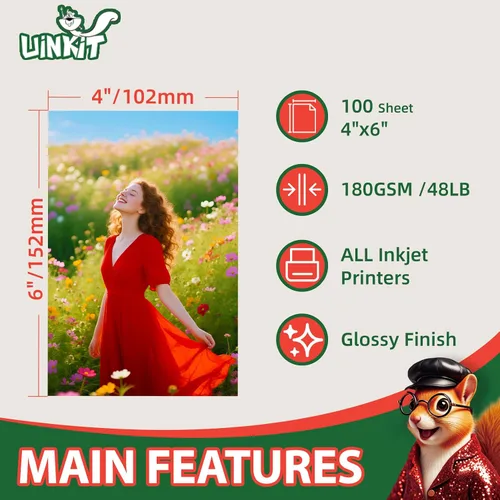 Vista 2 de Uinkit Papel fotográfico de inyección de tinta brillante de alta calidad, 4 x 6 pulgadas, 48 libras, 6.35 oz/m², 100 hojas, calidad fotográfica