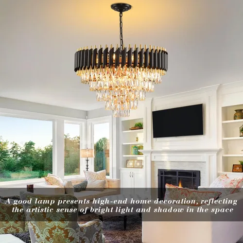 Vista 2 de Candelabro de cristal moderno dorado de 5 niveles para sala de estar, lámpara de araña grande de cristal negro, lámpara colgante de techo