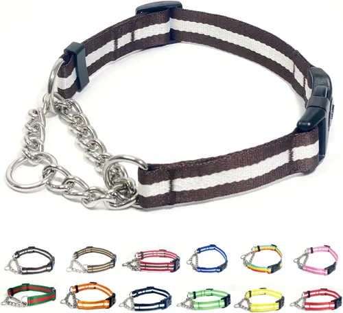 Vista 11 de Collar Martingale para perros, collares de nailon ajustables con hebilla de liberación rápida, rayas multicolores, cadena de acero inoxidable