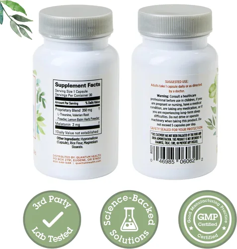 Vista 2 de Quantum Health Sleep Melatonina 2 mg Mezcla de apoyo saludable para dormir reparador con raíz de valeriana relajante, bálsamo de limón y L teanina