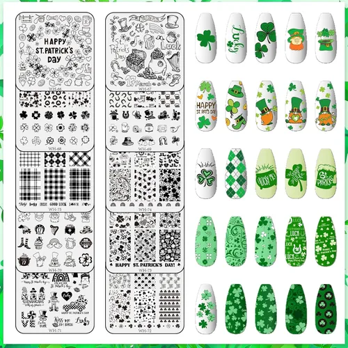 Vista 2 de Whaline Juego de 10 placas de estampado de arte de uñas del día de San Patricio, plantillas de sello de imagen de gnomo de trébol, trébol