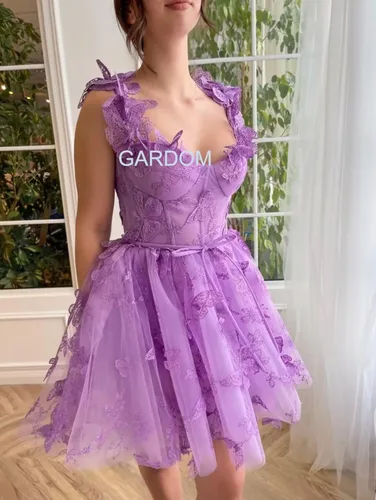 Vista 5 de Vestidos de encaje de mariposa 3D, vestidos de fiesta de bienvenida, corsé de tul corto, vestido de graduación, vestido de cóctel para adolescentes