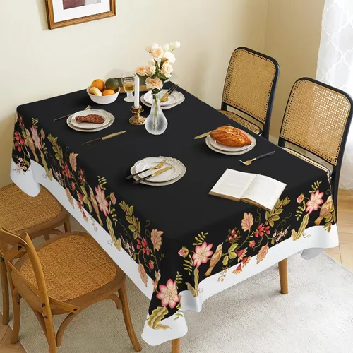 Vista 3 de Mantel de tela impermeable con diseño de pájaros blancos y negros, rectangular, a prueba de arrugas, resistente al aceite, para mesa de comedor