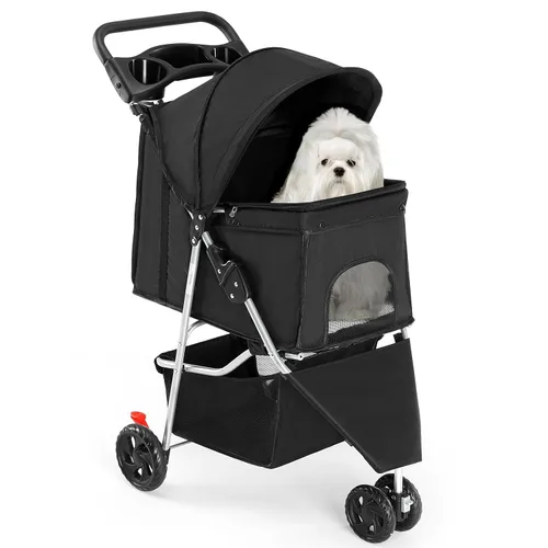 Vista 10 de DUMOS Cochecito de 3 ruedas para perros y gatos pequeños, cochecito plegable para perros con ventanas de malla, cesta de almacenamiento y soporte
