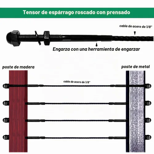 Vista 2 de Accesorios de barandilla de cable negro 1/8, kit de sistema de barandilla de cable de acero inoxidable T316, tensor de espárragos, 60 piezas
