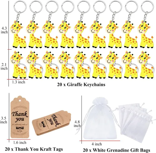 Vista 2 de El paquete de 60 recuerdos de fiesta de jirafa incluye 20 llaveros de jirafa, 20 etiquetas de agradecimiento, 20 bolsas de regalo para fiesta