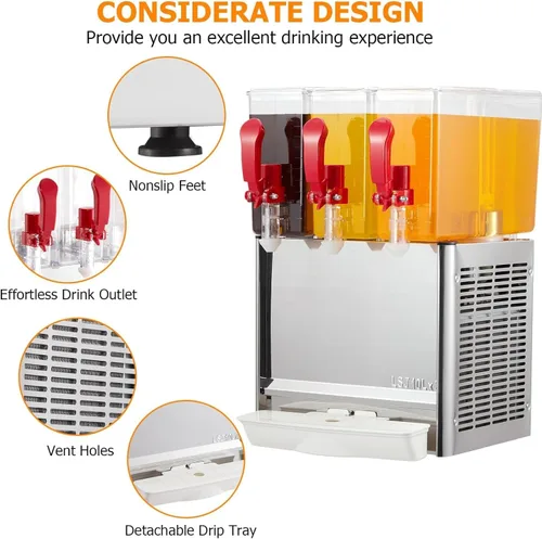Vista 6 de Towallmark 3 Tanks Dispensador de jugo comercial de 7.93 galones, 30 L, 10 litros por tanque, dispensador de bebidas de té helado de grado