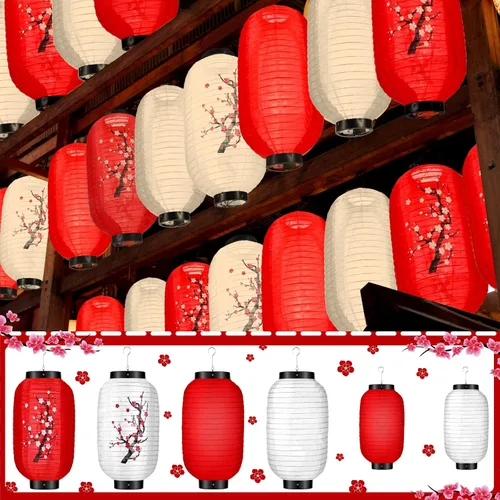 Vista 7 de Riakrum 12 faroles colgantes tradicionales japoneses de flores de ciruelo, faroles de papel blanco y rojo, faroles japoneses para decoración