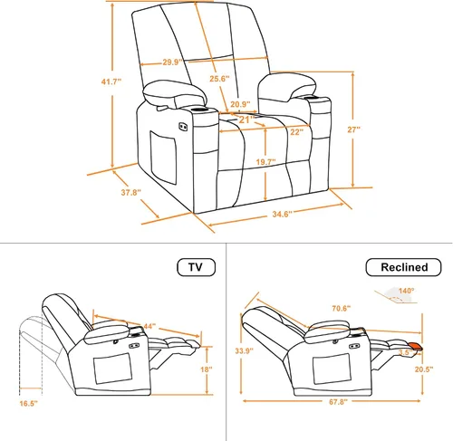 Vista 3 de MCombo Zero Gravity Silla Reclinable Eléctrica con Masaje de Calor y Vibración, Silla Reclinable con Puertos USB y Tipo C, Portavasos para Sala