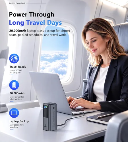 Vista 3 de Mukiya Laptop Power Bank, 20,000mAh 130W Built-in Retractable USB C Cable