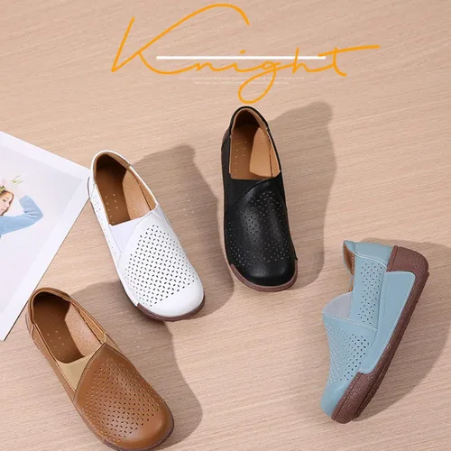 Vista 7 de Mocasines de plataforma de punta redonda para mujer, cómodos mocasines de cuero genuino, mocasines de corte casual con corte bajo.