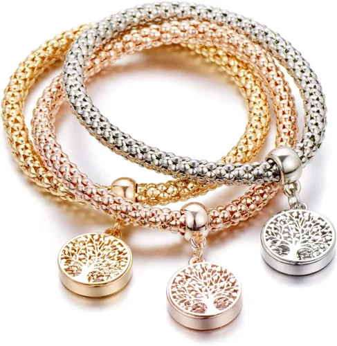 Vista 6 de Pulseras multicapa con dijes de cristal, 3 unidades, oro y plata, oro rosa, pulsera elástica en forma de corazón para mujer, árbol de la vida