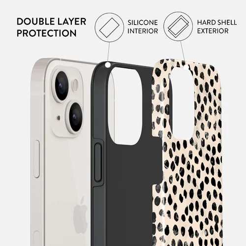 Vista 3 de BURGA-Funda p/teléfono compatible c/iPhone 14 Plus, carcasa rígida híbrida de 2 capas + Funda protectora de silicona, almendras latte a lunares