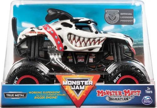 Vista 3 de Monster Jam, Monster Mutt - Camión monstruo dálmata oficial, vehículo fundido a presión, escala 1:24, multicolor
