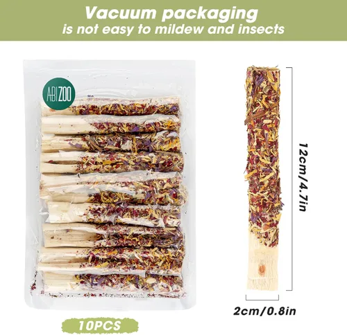 Vista 2 de Abizoo Juguetes masticables naturales para conejos, 10 palitos de bambú dulces para conejos, cobayas, chinchillas y hámsters, aperitivos de madera