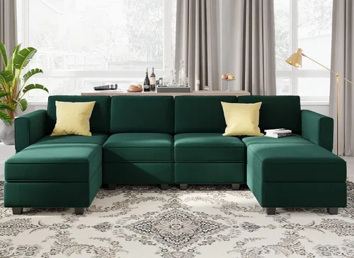 Vista 10 de Belffin Sofá modular en forma de U con tumbonas reversibles, de terciopelo, con asiento de almacenamiento, color negro