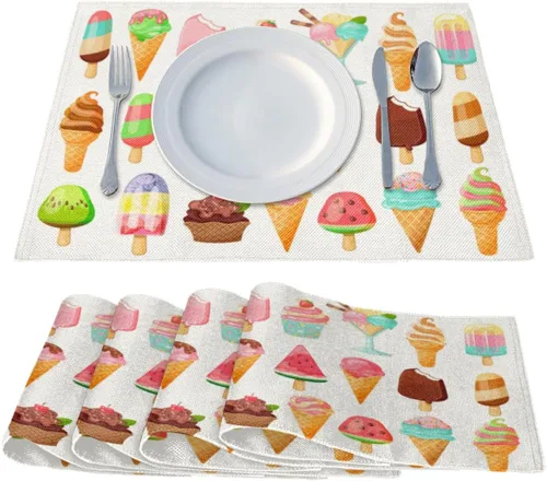 Vista 2 de Juego de 4 manteles individuales con diseño de helado de comida, lavables, impermeables, para decoración de mesa de comedor, 18 x 12 pulgadas