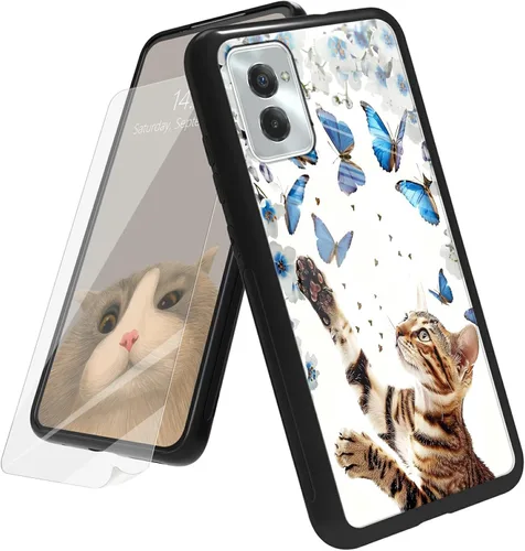 Vista 100 de Funda para Motorola Moto G Play 4G 2024 con protector de pantalla, parte trasera de vidrio templado + funda de silicona suave TPU absorción