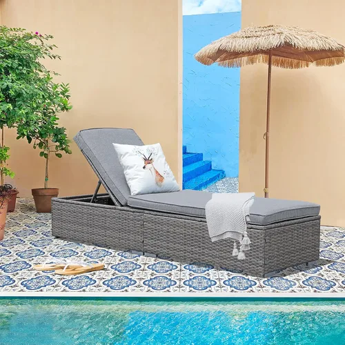 Vista 12 de Patiorama Tumbona para patio al aire libre, elegante silla tumbona reclinable ajustable de ratán para piscina con cojín, mimbre de polietileno gris