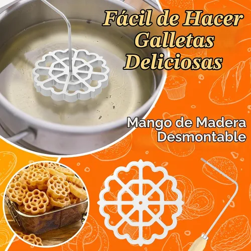 Vista 2 de Molde para bunuelos, molde de aluminio para hacer galletas con mango de madera, juego de moldes de hierro rosetón desmontable, moldes de gofre