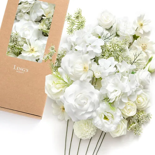Vista 27 de Ling's moment Caja de flores artificiales, tallos de follaje artificial falso, rosas de espuma, dalia de seda, hierba de pampas, flor de tela