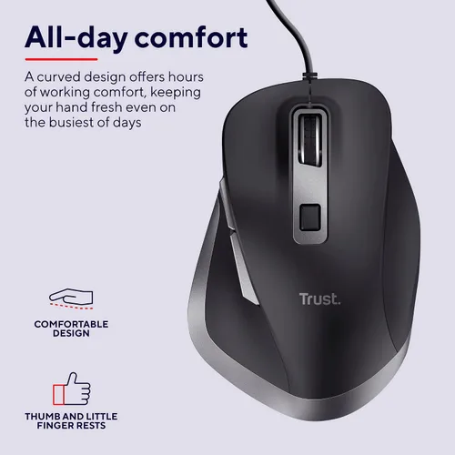 Vista 4 de Trust Fyda - Mouse USB para computadora fabricado con materiales reciclados, 600-5000 DPI, 6 botones, soporte para pulgar, mouse ergonómico