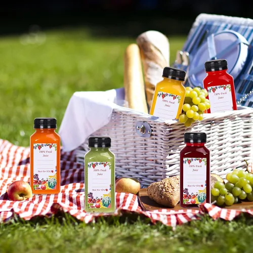 Vista 6 de SUPERLELE 12 botellas de plástico de 8 onzas con tapas, recipientes transparentes reutilizables para jugo con etiquetas, embudo y cepillo