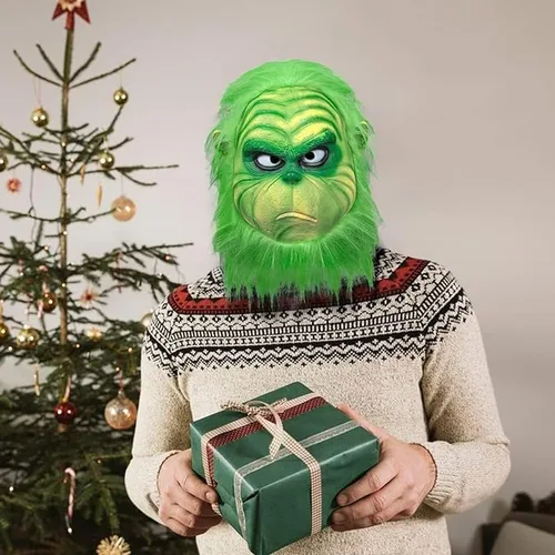 Vista 4 de MAKEATREE Máscara de monstruo ladrón verde de Navidad, máscara de látex de cara completa, accesorios de disfraces, decoración de accesorios