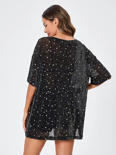 Vista 2 de WDIRARA Blusa de malla para mujer con purpurina transparente y de manga corta