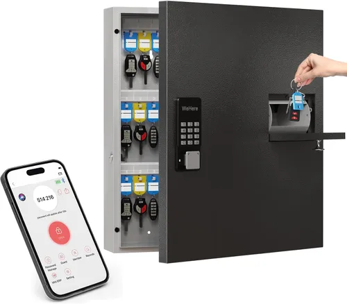 Vista 8 de Caja de 32 llaves con cerradura para llaves – Armario de llaves montado en la pared con doble cerradura (combinación de llave y 3 dígitos), estantes