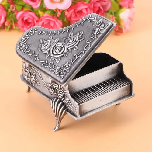 Vista 5 de Joyero de aleación de zinc tallado en forma de piano, con diseño de flor de rosa, organizador de almacenamiento de joyas, organizador