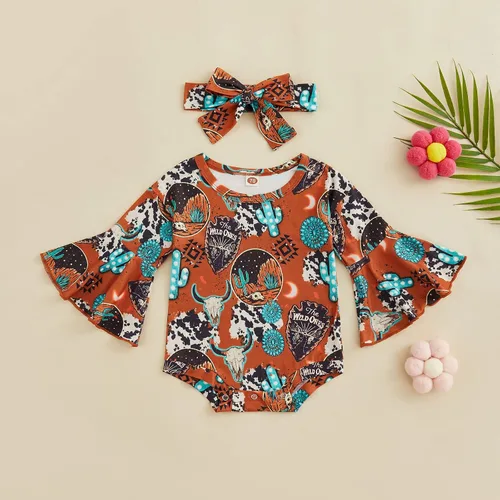 Vista 2 de Kayotuas Mameluco de manga acampanada para bebé niña con estampado de vaca floral con diadema para bebé