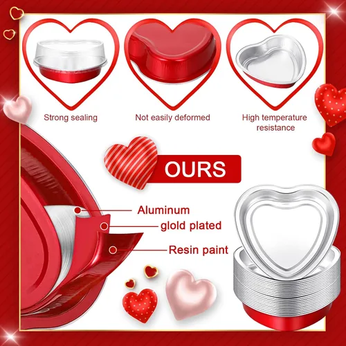 Vista 4 de Yinkin Juego de 50 moldes de aluminio con forma de corazón de 9 onzas con tapa, moldes desechables de papel de aluminio para cupcakes, moldes