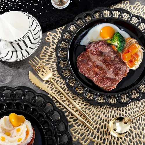 Vista 2 de COLOSUS Juego de 60 platos de plástico negro, platos barrocos elegantes, elegantes platos desechables con borde de encaje, platos de plástico